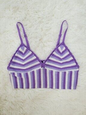 Divided By H&M Size L Purple White Striped Crochet Knit Sleeveless Crop Top